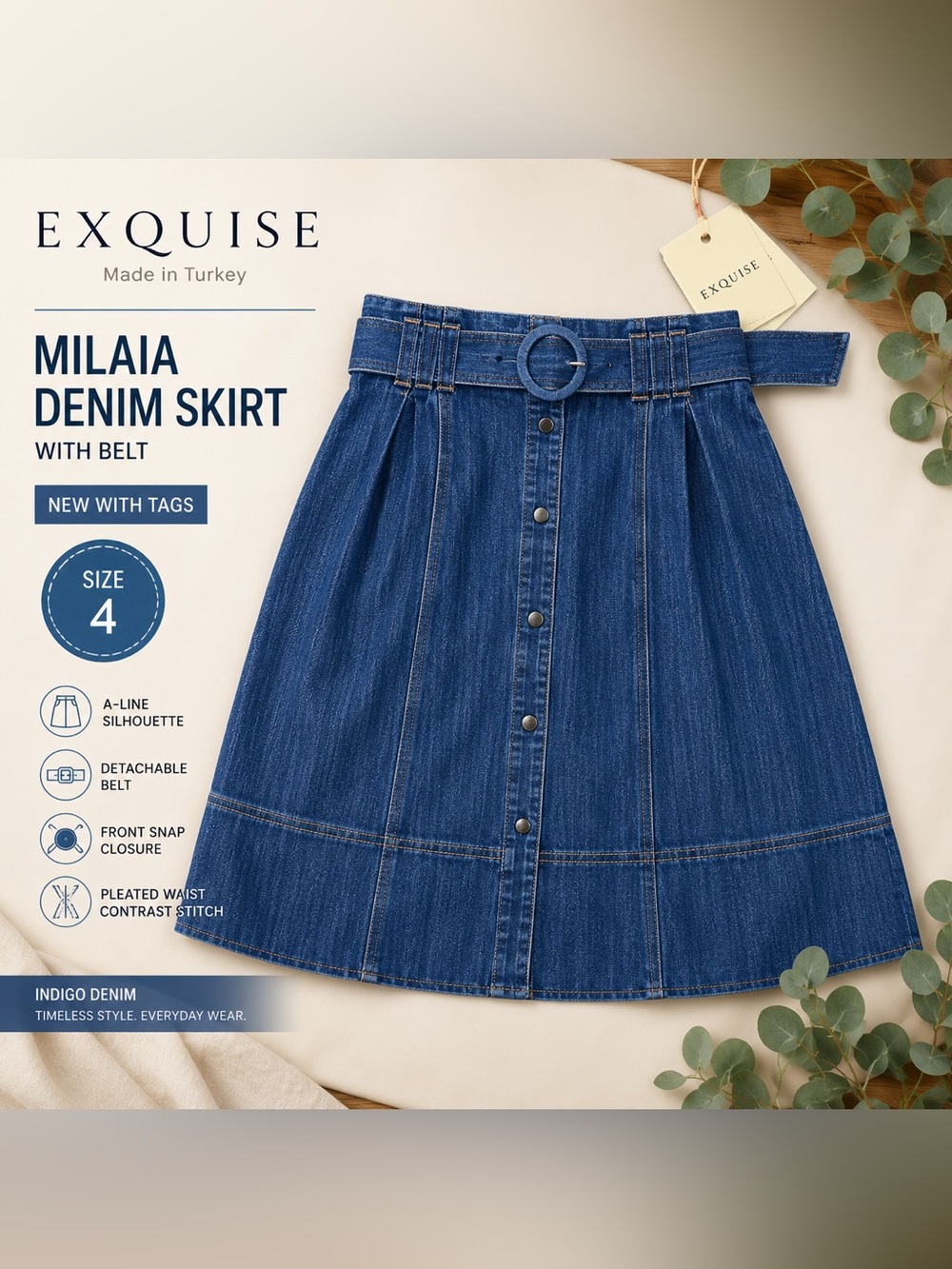 NWT Exquise Milaia Indigo Denim Belted A-Line Skirt Size 4